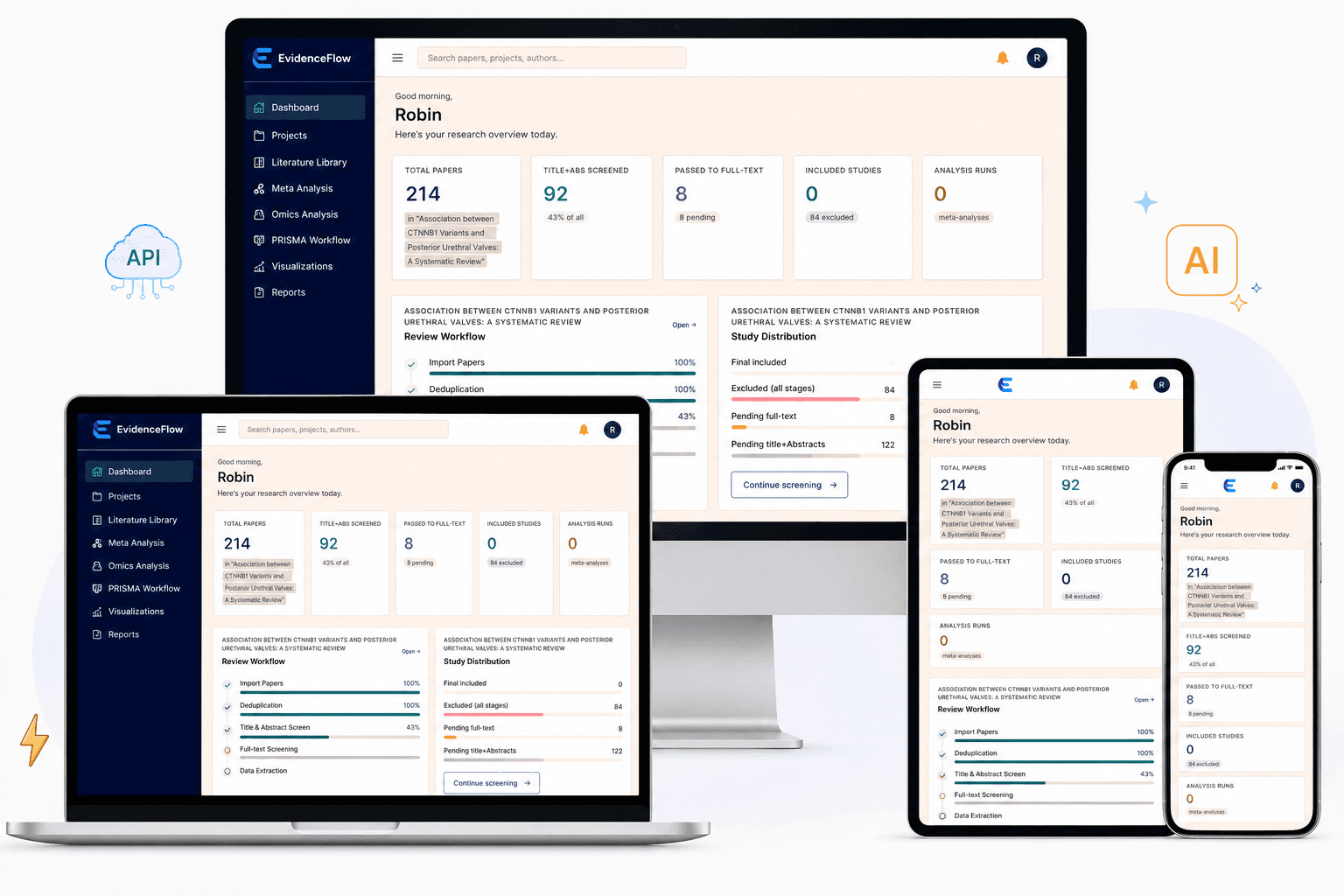 Screenshot of the EvidenceFlow dashboard showing meta-analysis and PRISMA workflow panels